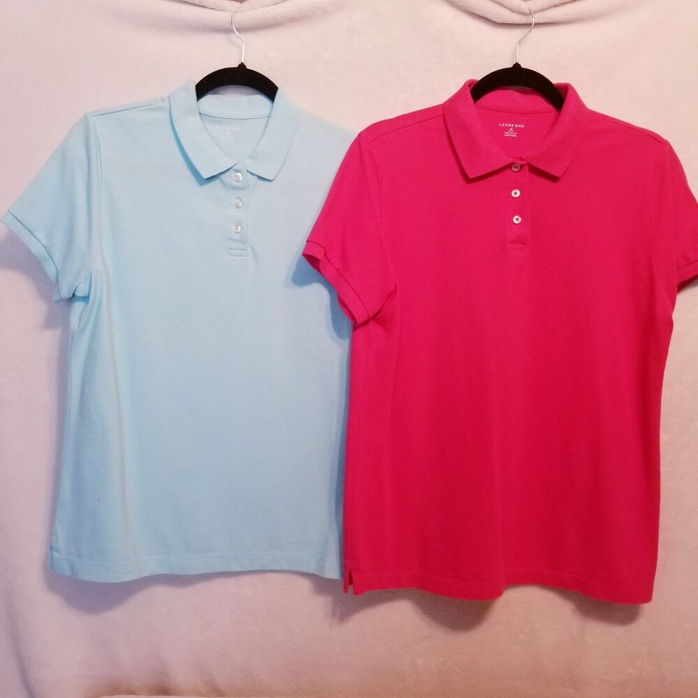 Lands End M Top Lot Of 2 Polos Pastel Blue & Hot Pink Pique Knit Preppy Golf